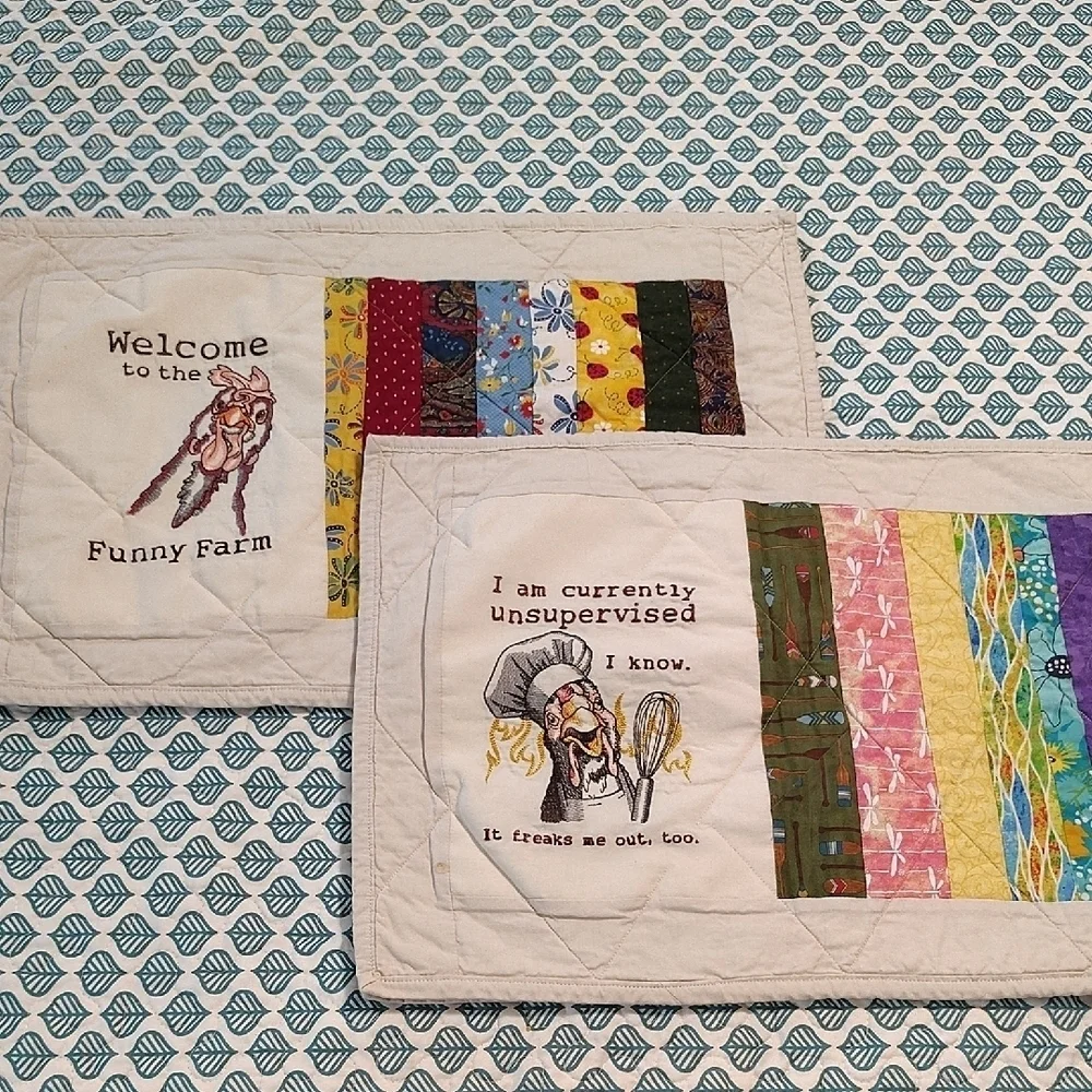 Handmade Quilted Hand Stitched Placemats Kitchen Chickens Funny Farm Funny